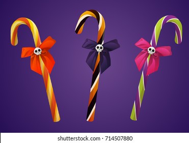 Set of halloween candy canes with skull and bow