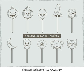 Set of halloween candy cartoon. pumpkin, skull, witch, mummy, moon, spider, owl character.