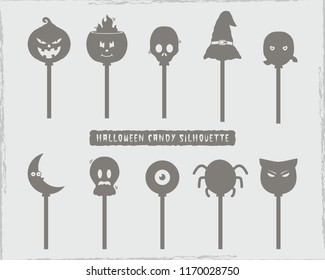 Set of halloween candy cartoon silhouette.
pumpkin, skull, witch, mummy, moon, spider, owl character.