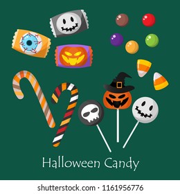 Set of Halloween candy with ghost face, eyeball, candy cane, candy corn, mini chocolate, Halloween pumpkin with witch hat and ghost lollipop on green background. Vector illustration.