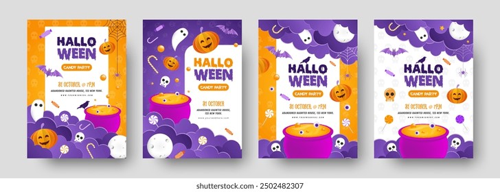 Set of Halloween candy party flyers, invitations, greeting cards with purple clouds, cute pumpkin, bat, moon, ghost, and potion in purple and yellow color.