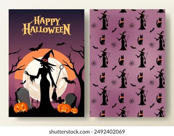 Set of Halloween card and seamless pattern with witch, cat, pumpkins and bat. Halloween template. Happy Halloween