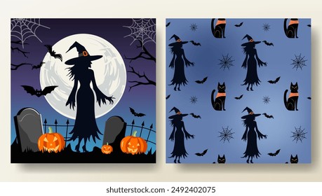 Set of Halloween card and seamless pattern with witch, cat, pumpkins and bat. Halloween template.