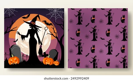 Set of Halloween card and seamless pattern with witch, cat, pumpkins and bat. Halloween template. Happy Halloween