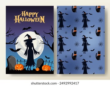 Set of Halloween card and seamless pattern with witch, cat, pumpkins and bat. Halloween template. Happy Halloween