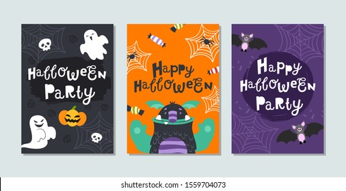 Set of Halloween cards with cute monsters and lettering inscription.