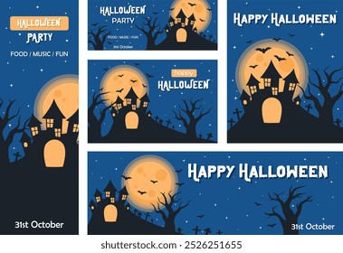 A set of Halloween cards featuring a gothic house, moon, bats and trees. Flat vector illustration.