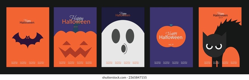 set of Halloween cards in flat style, 5 pieces