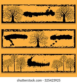 set of halloween cards, flyers,templates with old trees silhouettes,   hand drawn illustration