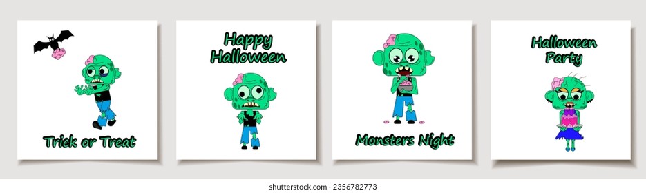 Set of Halloween cards with Set of four Cartoon zombie. . Halloween costume concept. Greeting cards with Magic items.