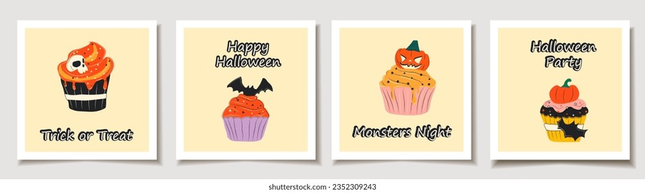 Juego de tarjetas de Halloween con juego de cuatro personajes de dibujos animados Cute Halloween, colección de pegatinas en estilo dibujado a mano. .Tarjetas de felicitación con elementos mágicos.