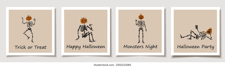 Set of Halloween cards with Set of four Funny Skeleton with a pumpkin head.  Greeting cards.