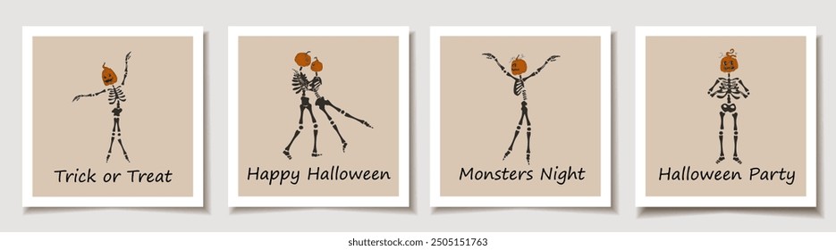 Set of Halloween cards with Set of four Funny Skeleton with a pumpkin head. Greeting cards.