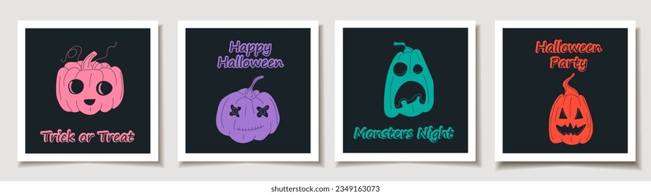 Set of Halloween cards with Set of four halloween pumpkins, funny faces. Greeting cards with Magic items.