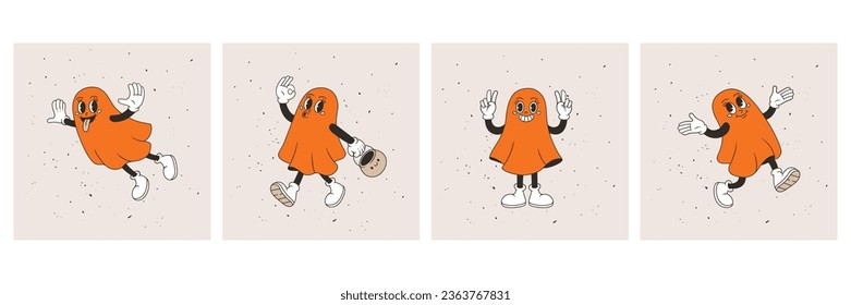 Set of Halloween cards with funny ghost character. Vector illustration in retro style.