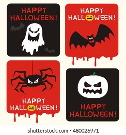 Set of halloween cards with ghost, pumpkin, spider and bat.