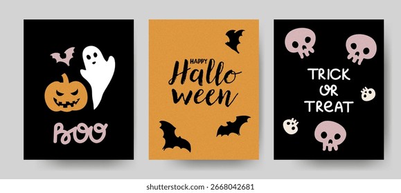 Conjunto de tarjetas de Halloween con fantasmas, calabazas y murciélagos en colores llamativos. Perfecto para saludos espeluznantes, invitaciones de fiesta, carteles y proyectos de temporada de octubre.