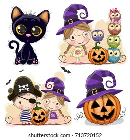 Set of Halloween cards with girls, owls and black cat