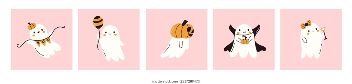 Set Halloween cards with kawaii ghost. Spooky funny happy character. Halloween cute flying pumpkin ghosts. Greeting cards for spooky holiday template. Vector flat hand drawn illustration