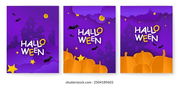 Conjunto de tarjetas de Halloween. Paisaje nocturno con un castillo, nubes y murciélagos sobre un fondo oscuro.