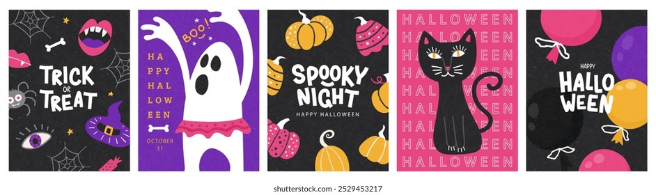 Set of Halloween cards for October. Hand drawn funny design elements ghost, black cat, pumpkins, balloons and balloons and more. Flat vector illustration. Trendy holiday templates for cover, card, ban