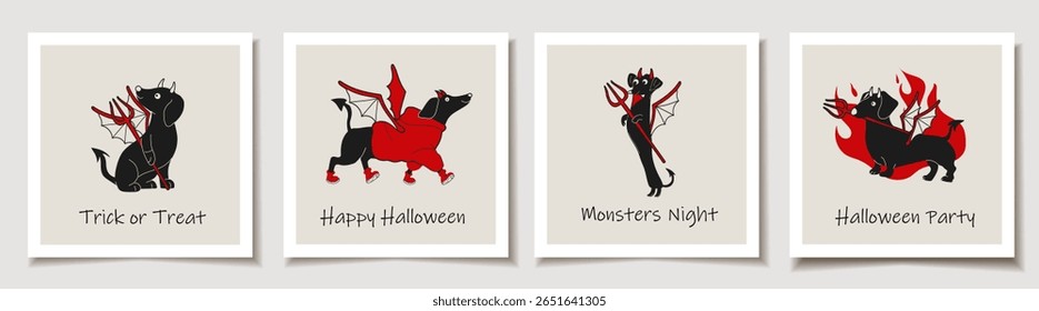 Set of Halloween cards with A playful and mischievous cartoon dachshund with devilish horns and a fiery attitude. Greeting cards.