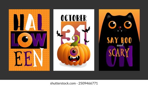 Set of halloween cards, posters, flyers and other. Vector illustrations with black cat. Halloween poster designs with symbols and calligraphy. Funny halloween cards set