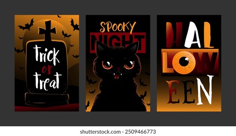 Set of halloween cards, posters, flyers and other. Vector illustrations with black cat. Halloween poster designs with symbols and calligraphy. Funny halloween cards set