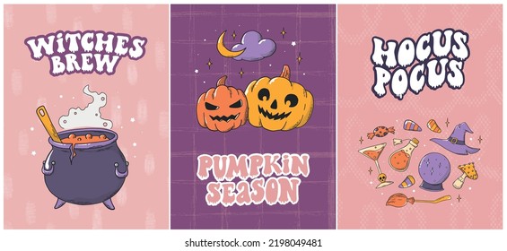 Set of Halloween cards, posters, prints, invitations, banners with funny groovy quotes and doodles. EPS 10