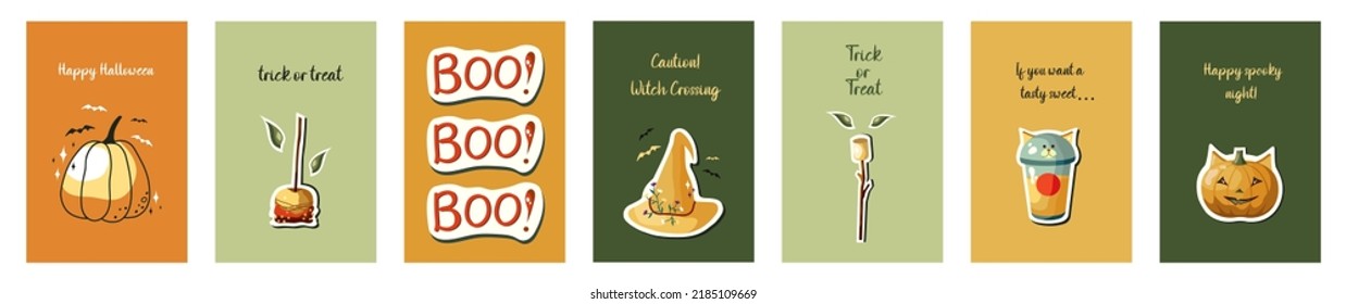 Set of Halloween cards with pumpkin, caramel apple, marshmallow, cat, and witch hat. October 31. Perfect for posters, covers, or postcards. Happy Halloween. Boo!