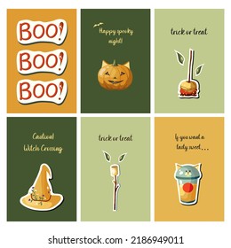 Set of Halloween cards with pumpkin, caramel apple, marshmallow, cat, and witch hat. October 31. Perfect for posters, covers, or postcards. Happy Halloween. Boo!