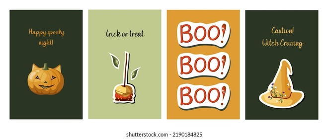 Set of Halloween cards with pumpkin, caramel apple, and witch hat. October 31. Perfect for posters, covers, or postcards. Happy Halloween. Boo!