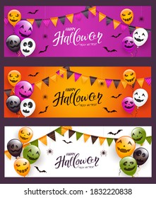 Set of Halloween cards. Scary balloons, pennants, spiders, bats and text Happy Halloween on holiday banners on black background. Illustration for children's holiday design, decoration, card, banner