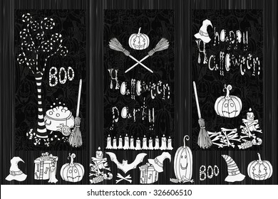 Set of Halloween cards, symbols pumpkin, broom, bat, spider webs.  Hand-drawn decorative elements in vector. Black and white pattern.  Made by trace from sketch.