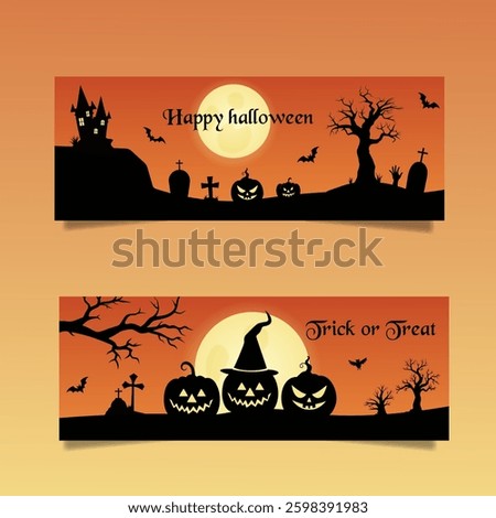 set of Halloween cards, templates with pumpkins, ominous castle and cemetery