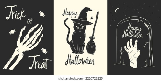 Un conjunto de tarjetas de Halloween que incluyen varias escenas espeluznantes. 