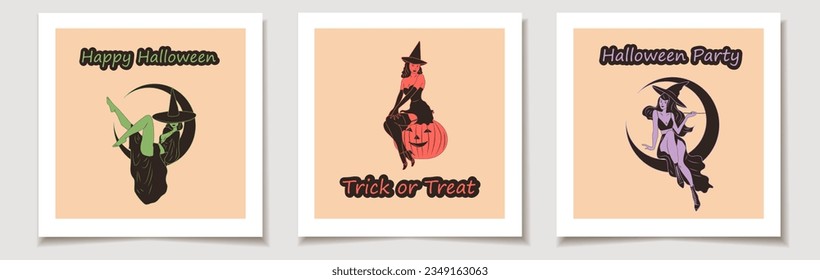 Set of Halloween cards with Set of three  Witch. Cute ladies. Pin-up, retro style. Halloween costume concept.  Greeting cards with Magic items.