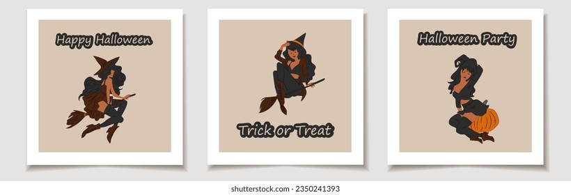 Juego de tarjetas de Halloween con Juego de tres Brujas. Señoras. Pinza, estilo retro. Concepto de disfraces de Halloween. Tarjetas de felicitación con artículos mágicos.