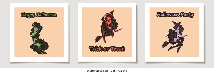 Set of Halloween cards with Set of three Witch. Cute ladies. Pin-up, retro style. Halloween costume concept. Greeting cards with Magic items.