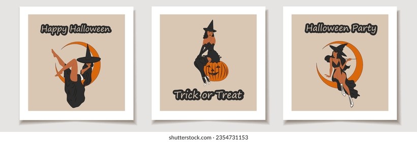 Juego de tarjetas de Halloween con Juego de tres Brujas. Señoras. Pinza, estilo retro. Concepto de disfraces de Halloween. Tarjetas de felicitación con artículos mágicos.