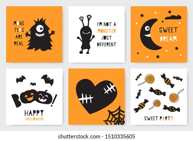 Set of Halloween cards. Traditional symbols with creative typographic text. Childish cartoon illustrations.