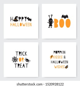 Set of Halloween cards. Traditional symbols with creative typographic text. Childish cartoon illustrations.