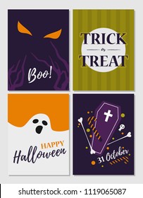 Set of Halloween cards. Vector illustration with ghost, coffin, candy, eyes, skull  in flat style.