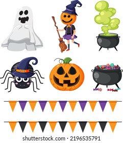 Set of halloween cartoon characters and elements illustration