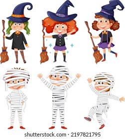 Set of halloween cartoon characters and elements illustration