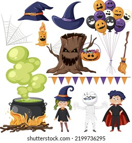 Set of halloween cartoon characters and elements illustration