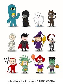 Set of Halloween cartoon characters of kid wear fantasy dressing in ghost or monster customs to celebrate in halloween party. Design for card, poster or banner template in vector illustration