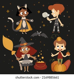 Set of halloween cartoon characters. Kids in halloween costumes. Witch, skeleton, pumpkin, catwoman and bat on the black background.Funny vector cartoon halloween illustration.