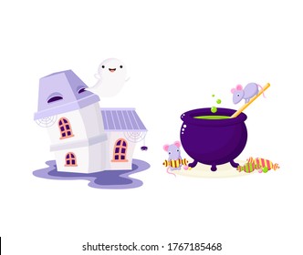 Set of Halloween cartoon characters. Mice and witch cauldron, ghost in haunted house. Collection of holiday symbols. Isolated on white. Vector EPS8