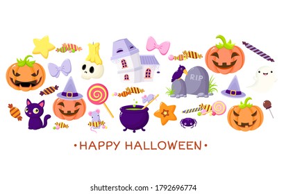 Set of Halloween cartoon characters. Mice and witch cauldron, ghost, haunted house, raven at the grave stone, black cat, pumpkins, skull with candle, candy. Collection of holiday symbols. Vector EPS8